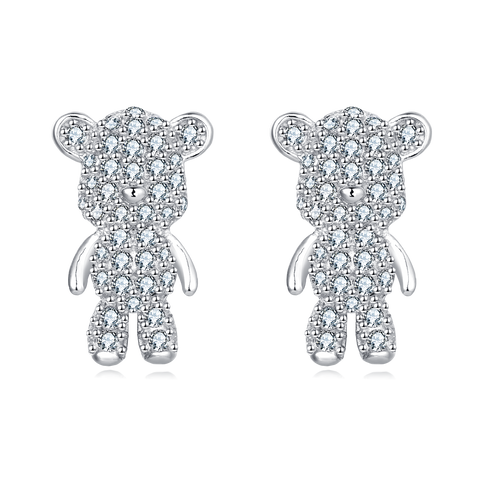 925 Sterling Silver Sparkling Silver Teddy Bear Earrings Embedded With Zircon Accents
