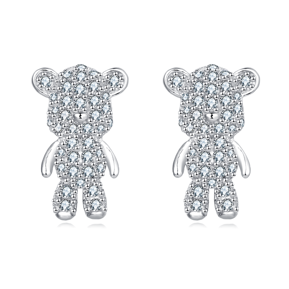 925 Sterling Silver Sparkling Silver Teddy Bear Earrings Embedded With Zircon Accents