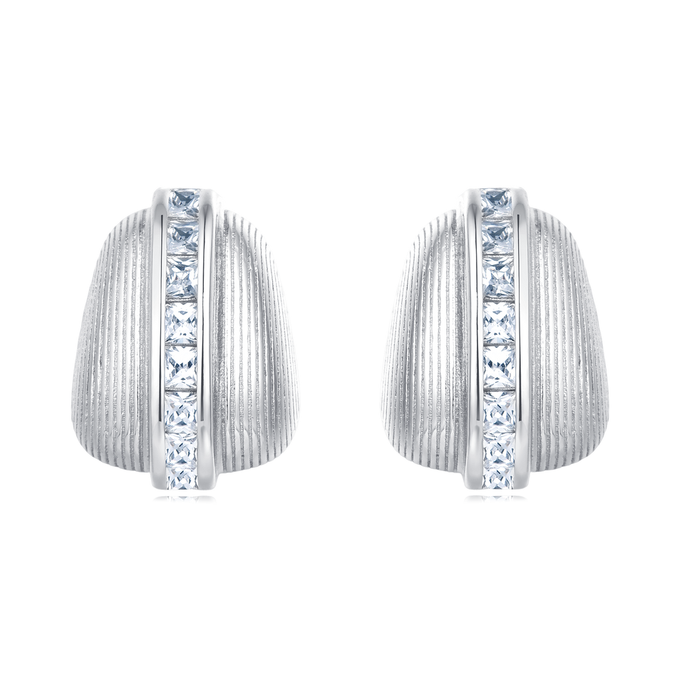 925 Sterling Silver Elegant Silver Ribbed Earrings With Zircon Accents On Textured Black Surface