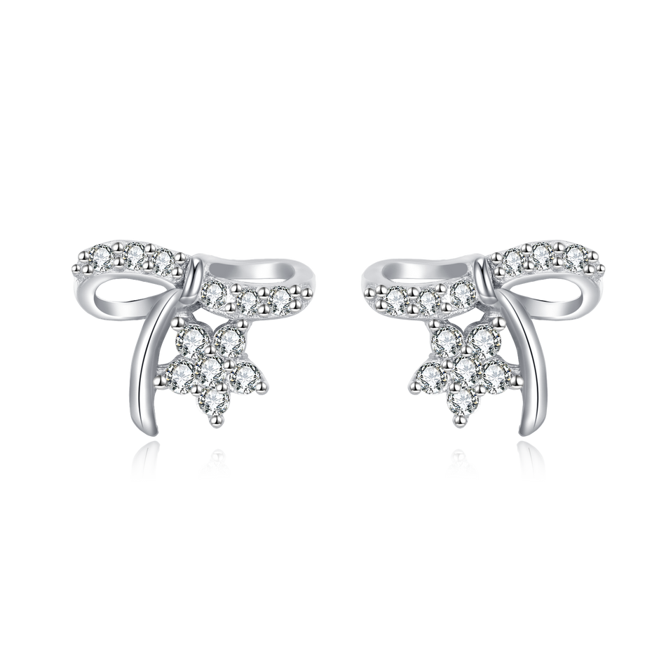 925 Sterling Silver Elegant Silver Bow Earrings With Zircon-accented Flowers On Blue Velvet