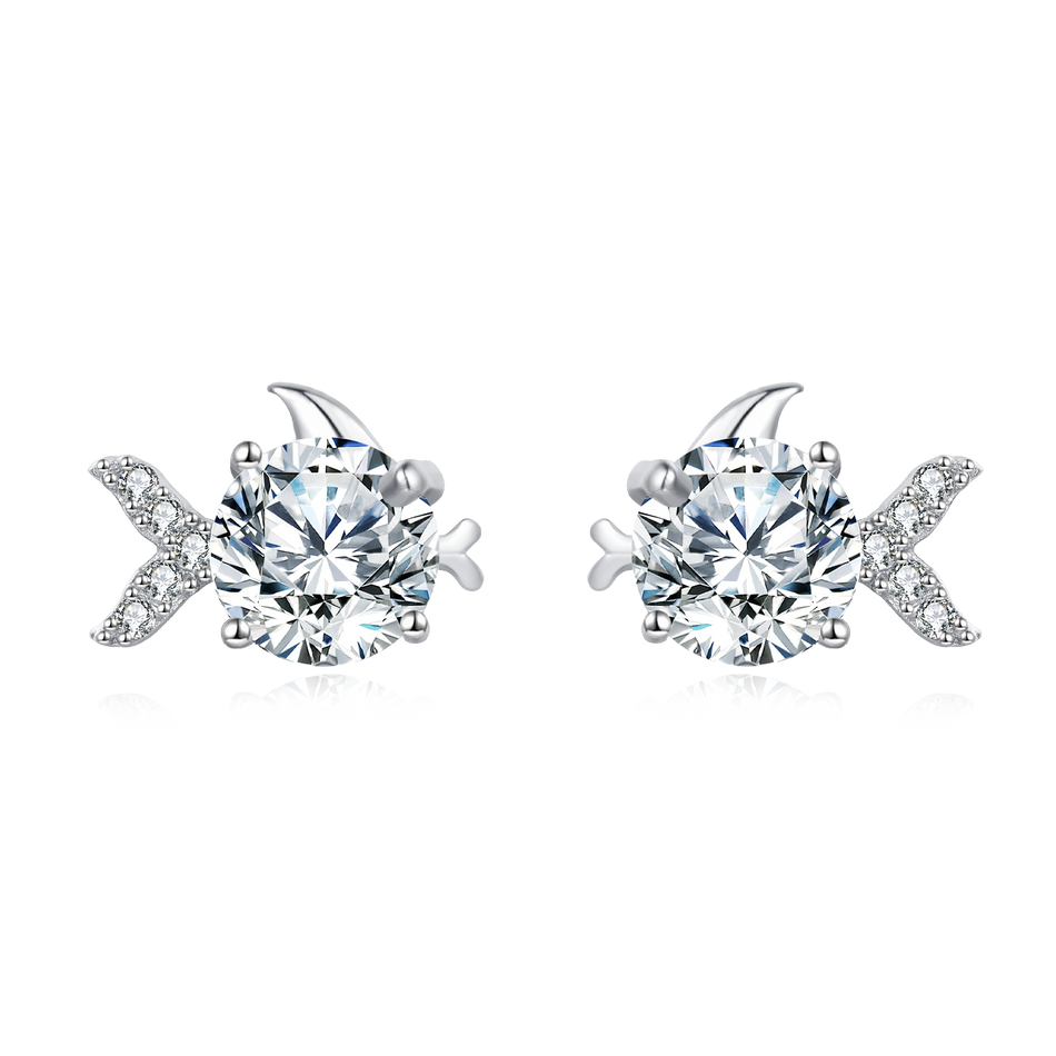 925 Sterling Silver Zircon Fish Stud Earrings With Central Round Cut Zircons