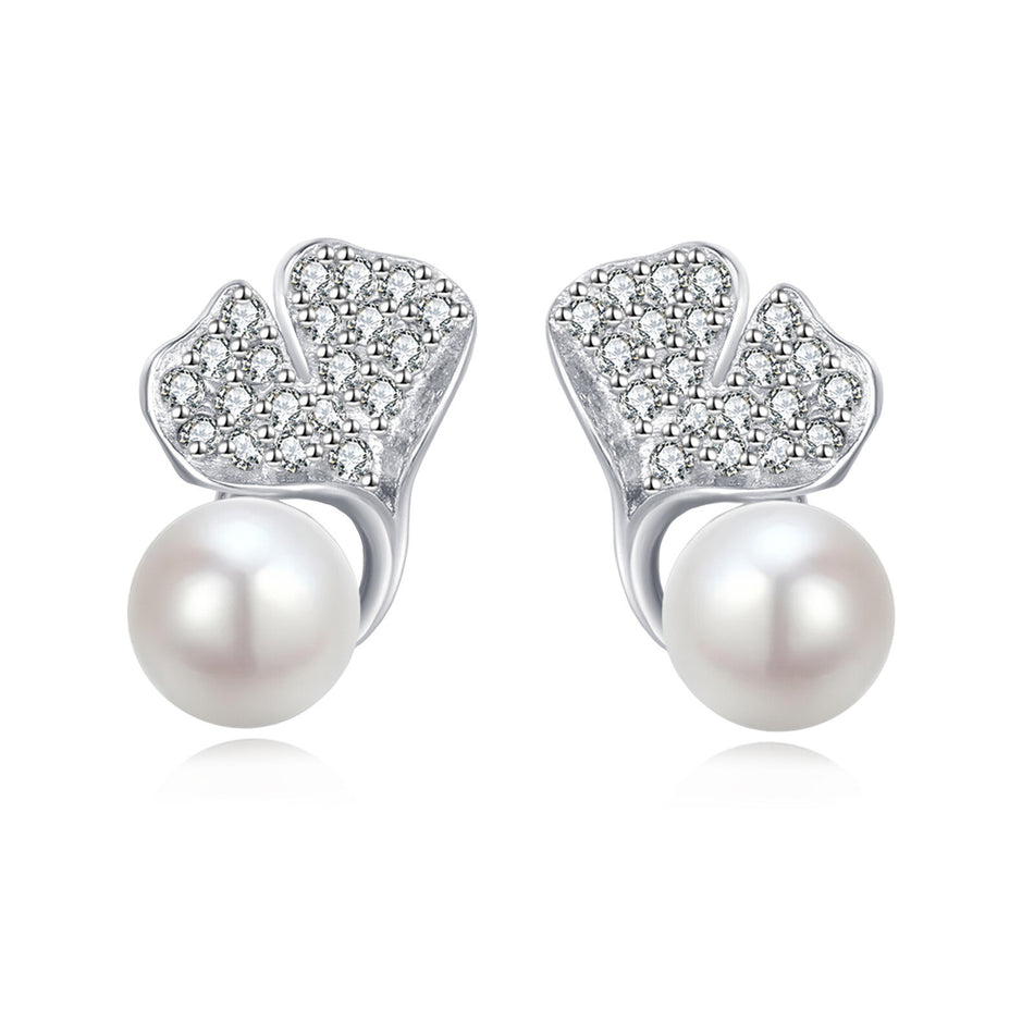 925 Sterling Silver Elegant Pearl Drop Earrings With Zircon-encrusted Leaf Accents