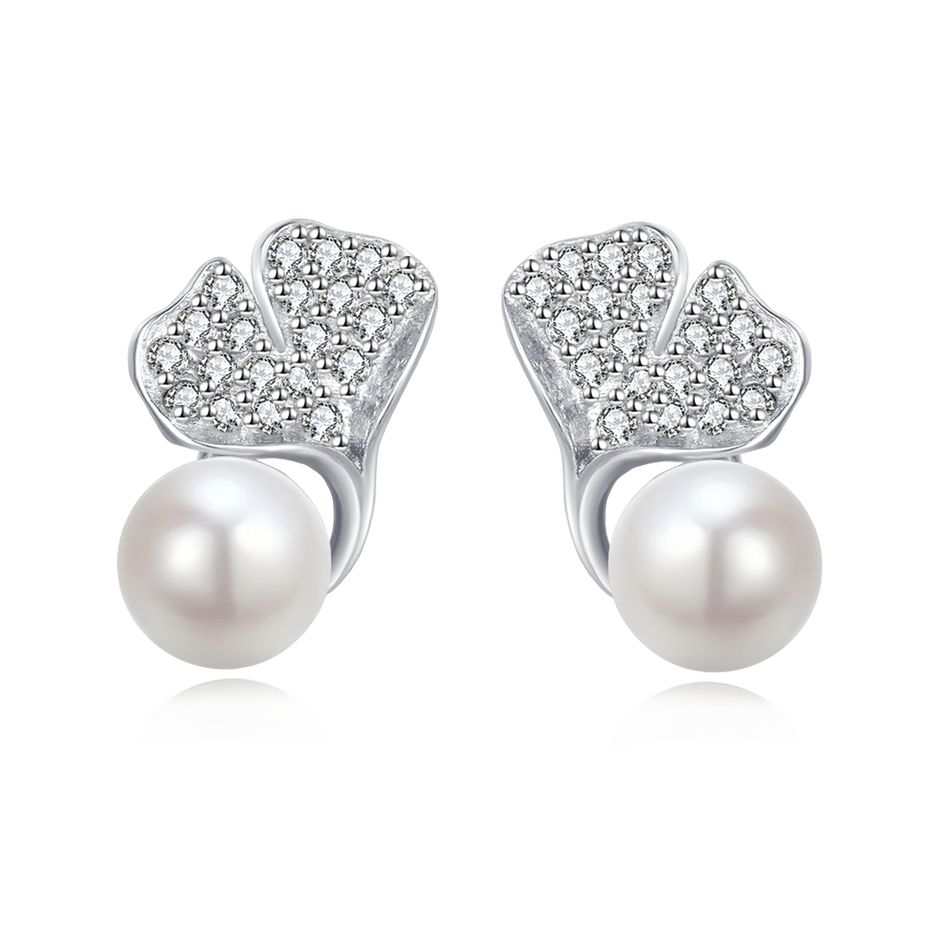 925 Sterling Silver Elegant Pearl Drop Earrings With Zircon-encrusted Leaf Accents