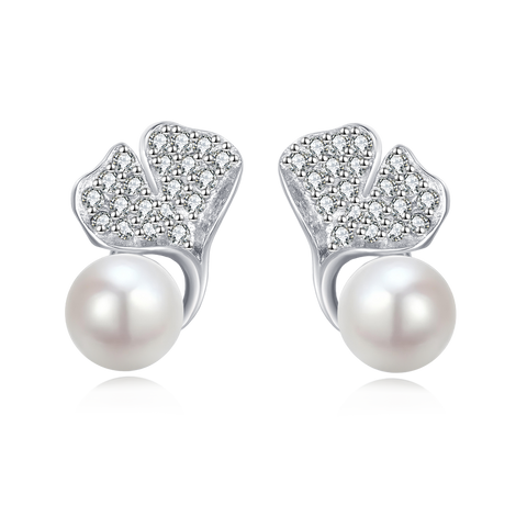 925 Sterling Silver Elegant Pearl Drop Earrings With Zircon-encrusted Leaf Accents