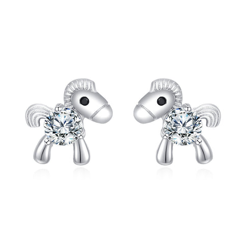 925 Sterling Silver Whimsical Silver Horse Stud Earrings With Zircon Accents