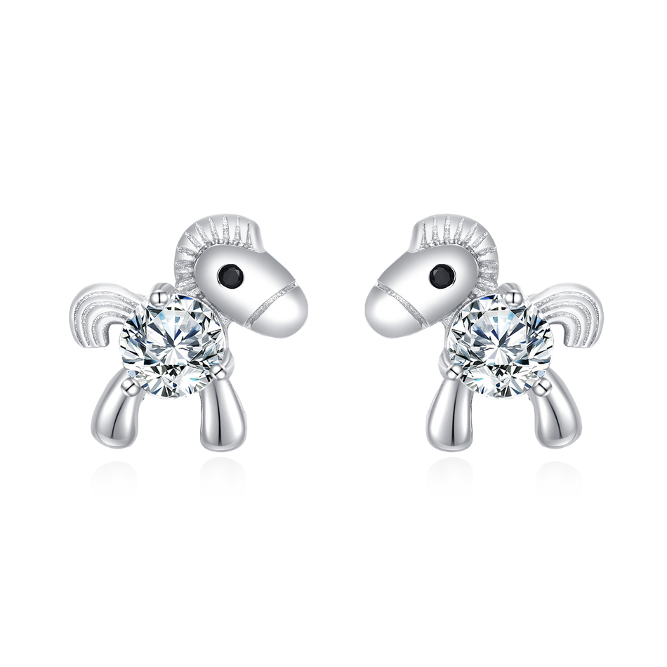 925 Sterling Silver Whimsical Silver Horse Stud Earrings With Zircon Accents