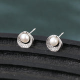 925 Sterling Silver Elegant Pearl & Zircon Halo Stud Earrings
