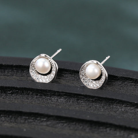 925 Sterling Silver Elegant Pearl & Zircon Halo Stud Earrings