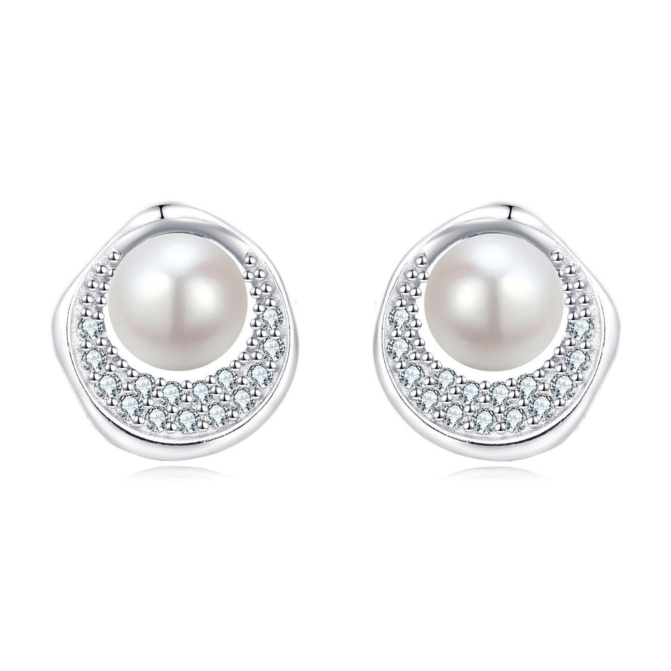 925 Sterling Silver Elegant Pearl & Zircon Halo Stud Earrings