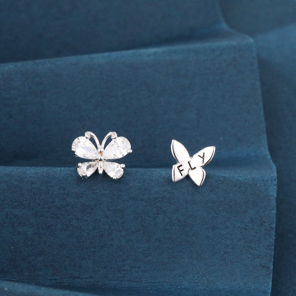 925 Sterling Silver Elegant Butterfly Zircon Earrings With Heart-shaped Gems In Sterling Silver