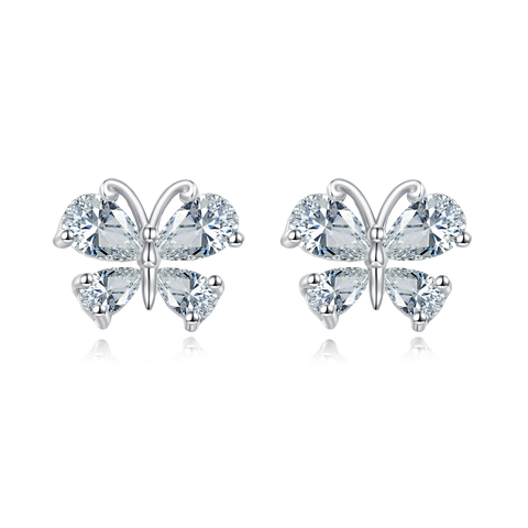 925 Sterling Silver Elegant Butterfly Zircon Earrings With Heart-shaped Gems In Sterling Silver