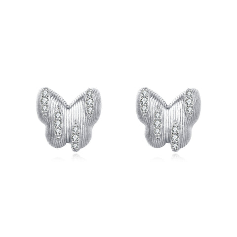925 Sterling Silver Elegant Butterfly Stud Earrings With Silver Zircon Accents On Blue Backdrop