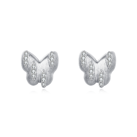 925 Sterling Silver Elegant Butterfly Stud Earrings With Silver Zircon Accents On Blue Backdrop