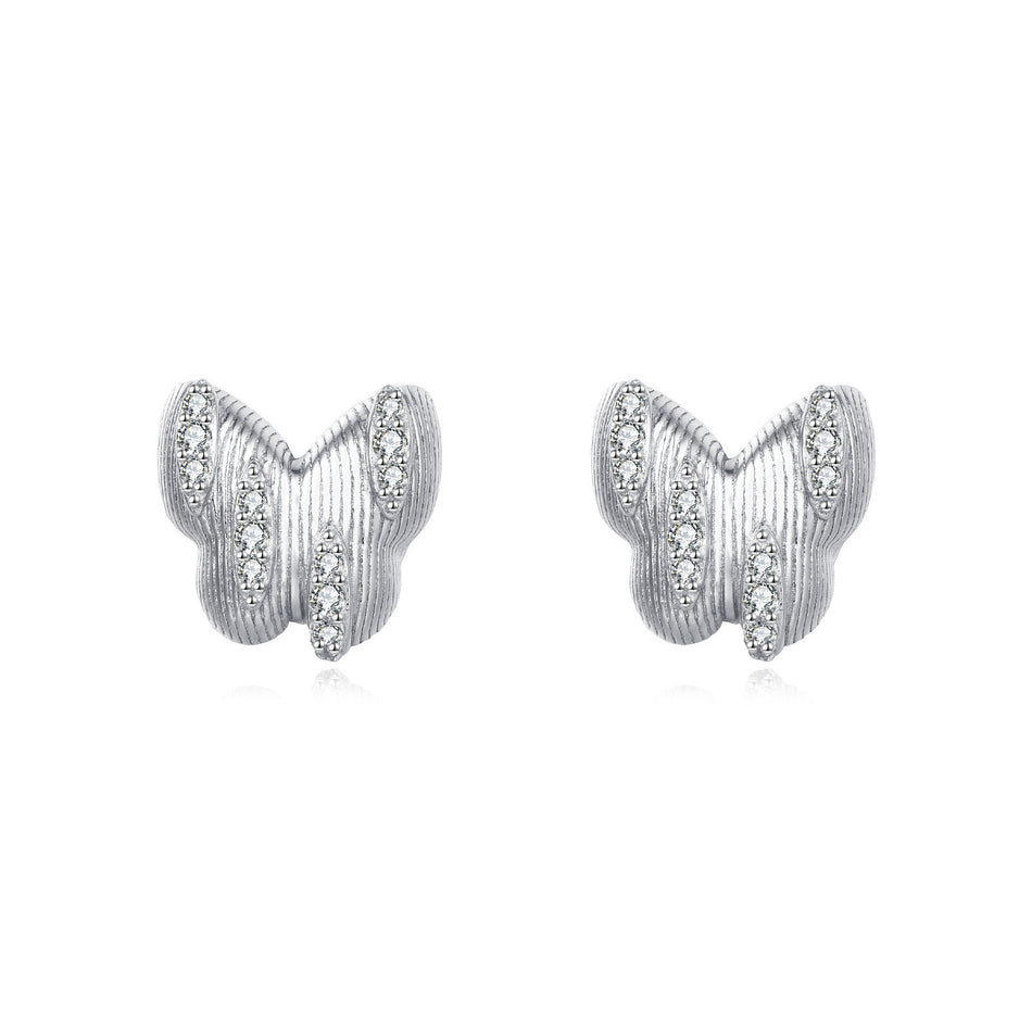 925 Sterling Silver Elegant Butterfly Stud Earrings With Silver Zircon Accents On Blue Backdrop