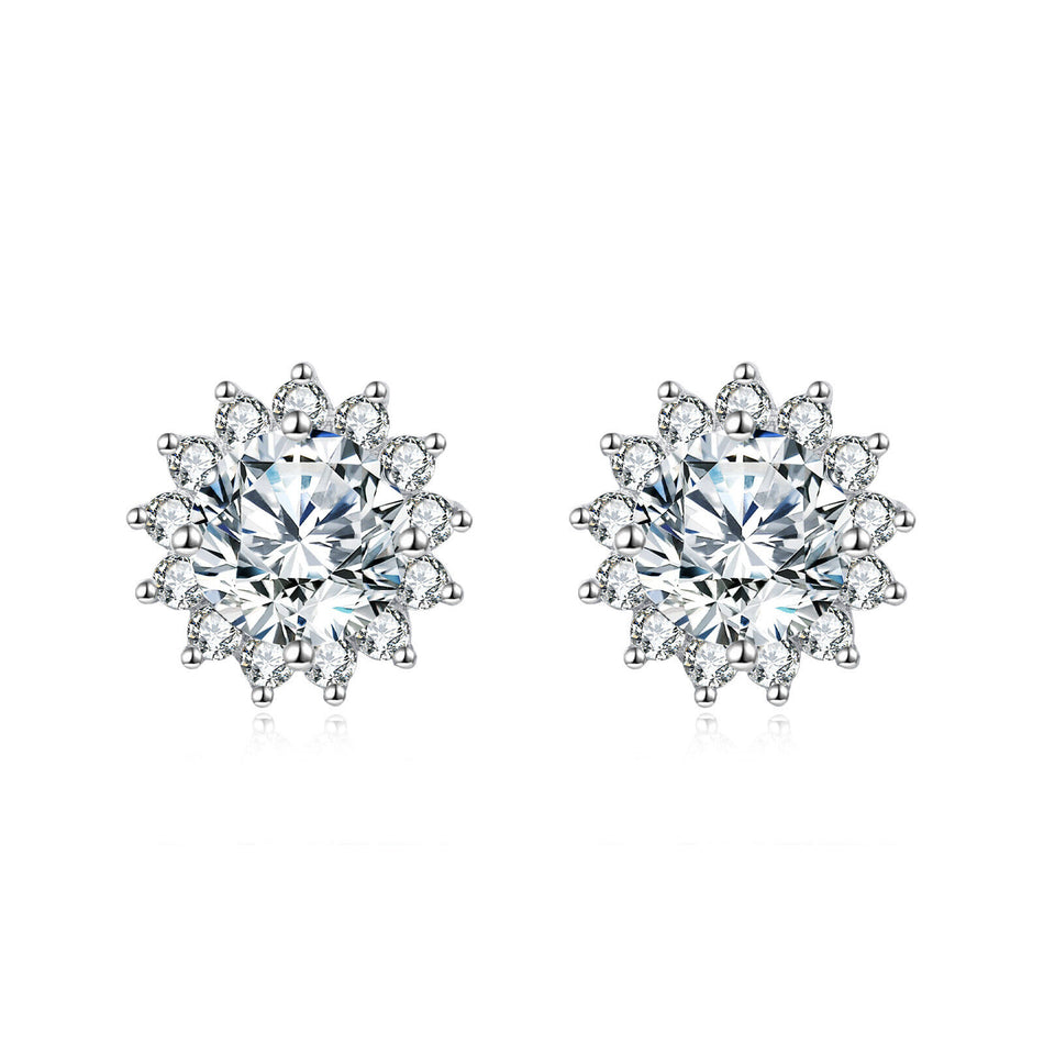 925 Sterling Silver Elegant Silver Floral Zircon Earrings - Luxury Studs