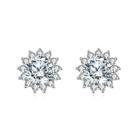 925 Sterling Silver Elegant Silver Floral Zircon Earrings - Luxury Studs