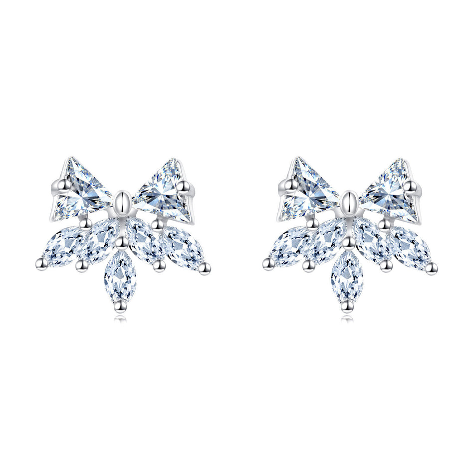 925 Sterling Silver Elegant Silver Crystal Bow & Flower Stud Earrings
