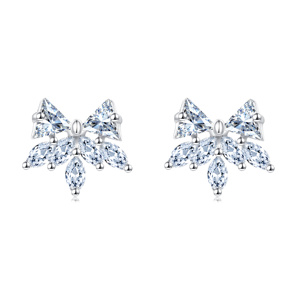 925 Sterling Silver Elegant Silver Crystal Bow & Flower Stud Earrings