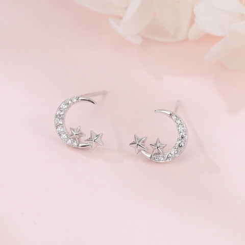 925 Sterling Silver Lunar Glamour: Celestial Silver Earrings With Zircon Stars