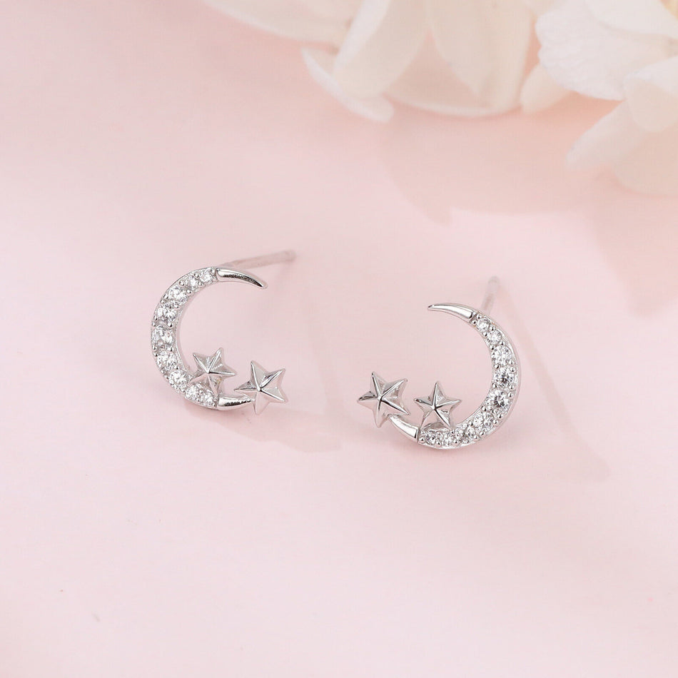 925 Sterling Silver Lunar Glamour: Celestial Silver Earrings With Zircon Stars