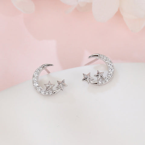 925 Sterling Silver Lunar Glamour: Celestial Silver Earrings With Zircon Stars