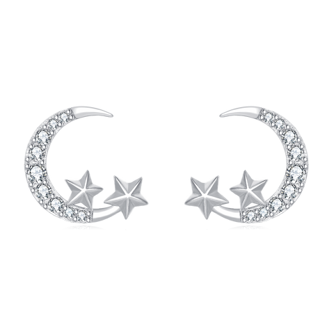 925 Sterling Silver Lunar Glamour: Celestial Silver Earrings With Zircon Stars