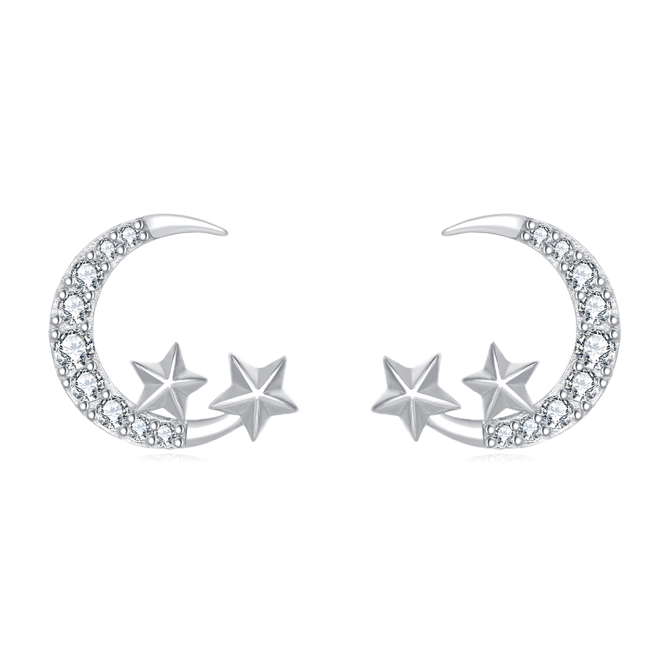 925 Sterling Silver Lunar Glamour: Celestial Silver Earrings With Zircon Stars