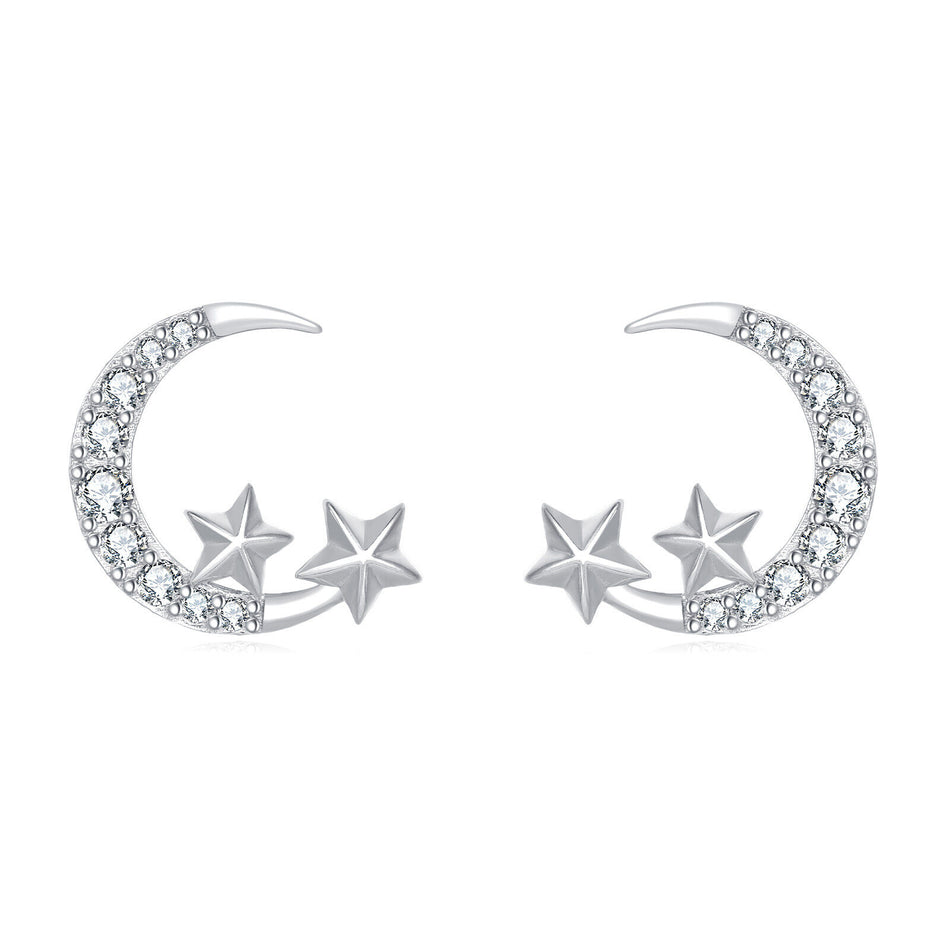 925 Sterling Silver Lunar Glamour: Celestial Silver Earrings With Zircon Stars