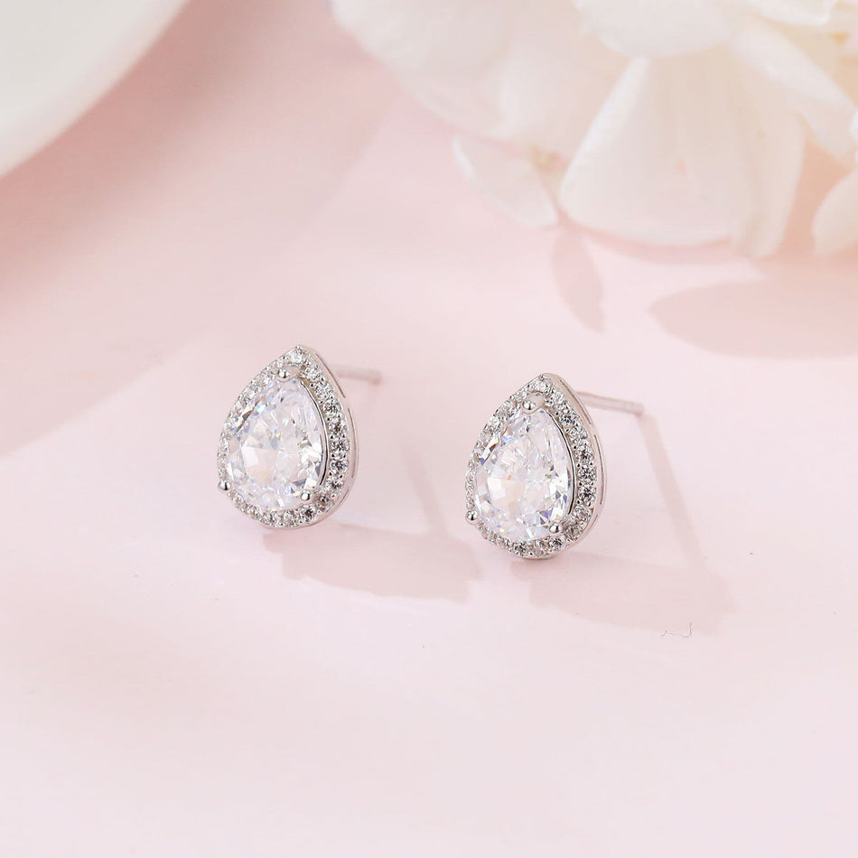 925 Sterling Silver Elegant Teardrop Zircon Halo Earrings In Plated with White Gold