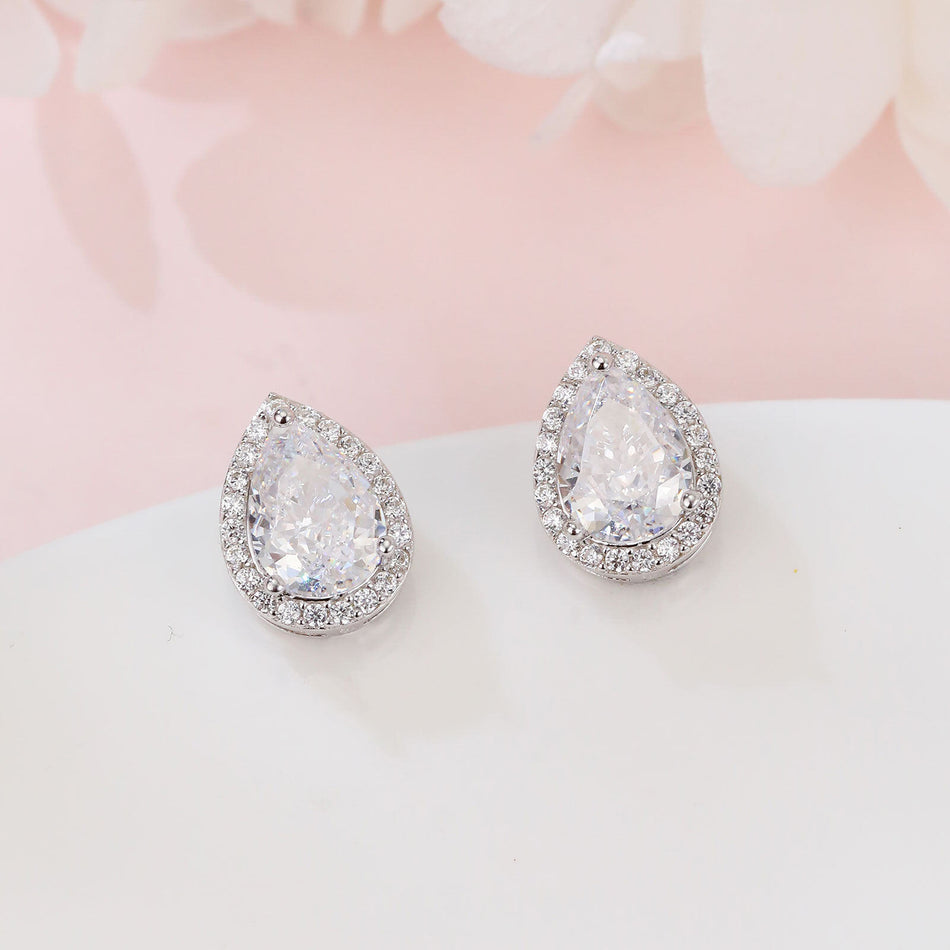 925 Sterling Silver Elegant Teardrop Zircon Halo Earrings In Plated with White Gold