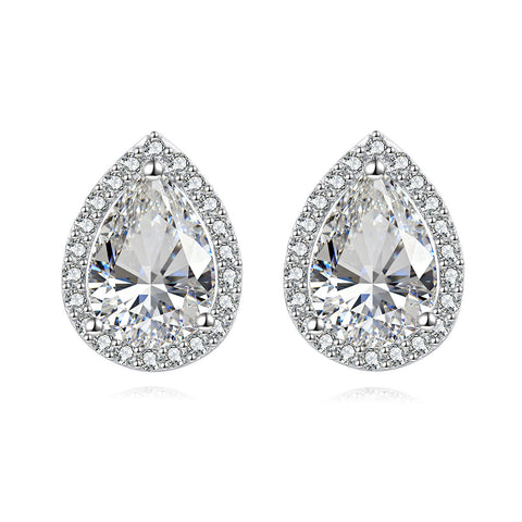 925 Sterling Silver Elegant Teardrop Zircon Halo Earrings In Plated with White Gold