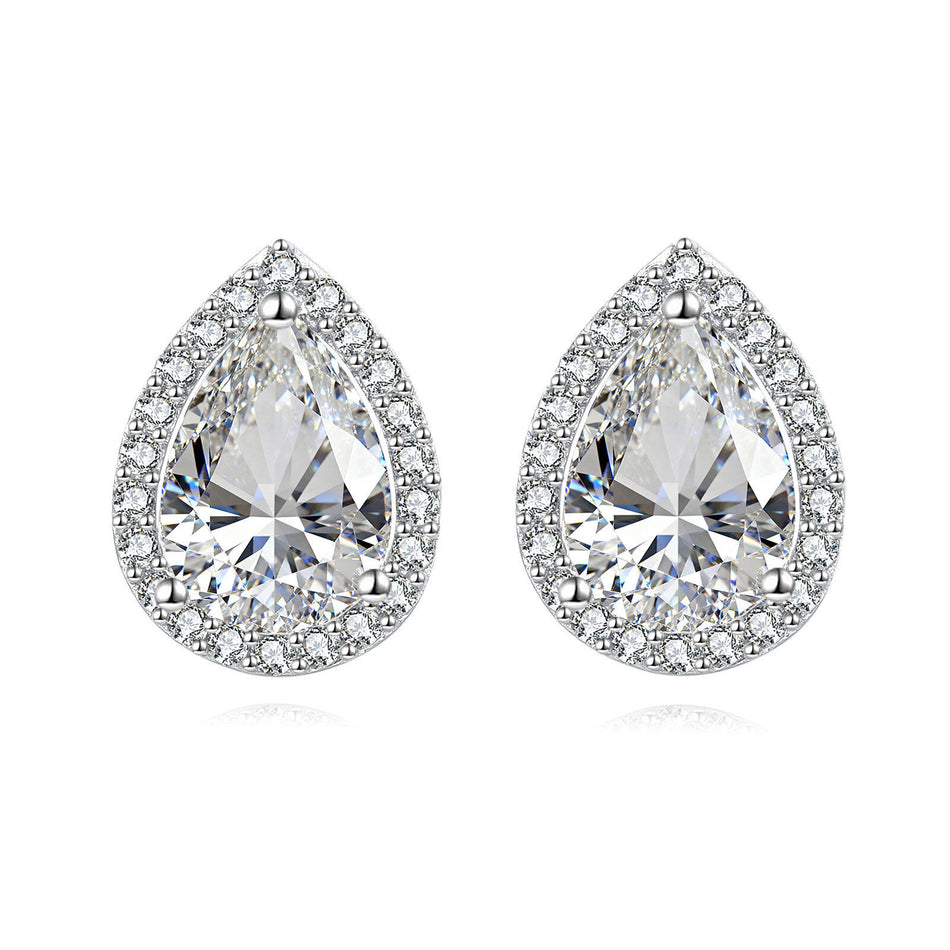 925 Sterling Silver Elegant Teardrop Zircon Halo Earrings In Plated with White Gold