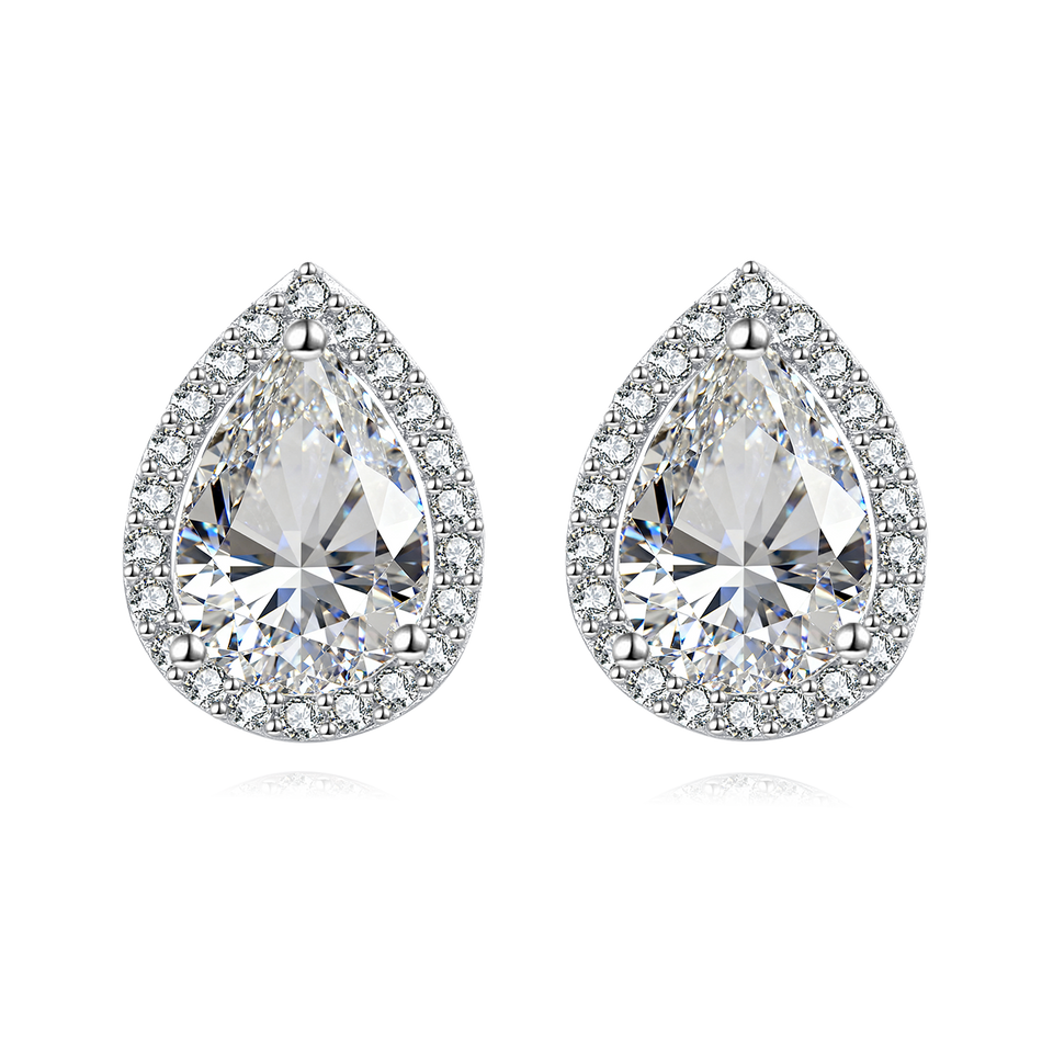 925 Sterling Silver Elegant Teardrop Zircon Halo Earrings In Plated with White Gold