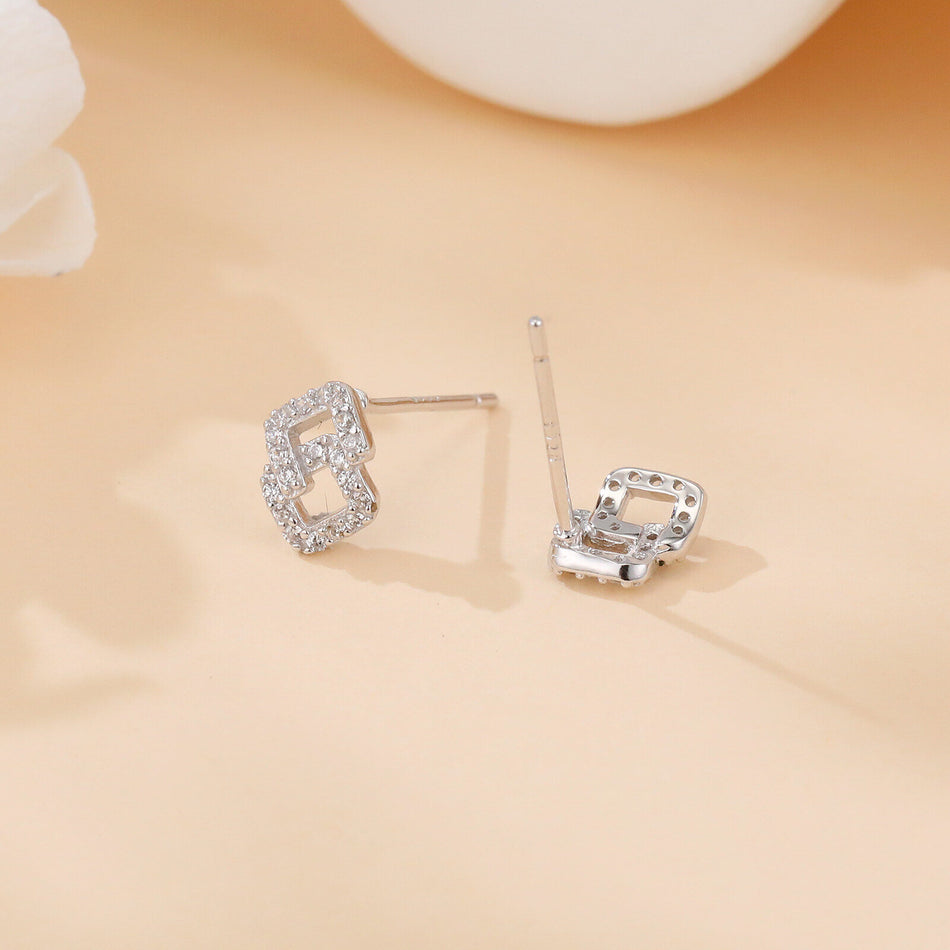 925 Sterling Silver Elegant Square Zircon Stud Earrings With Hollow Design