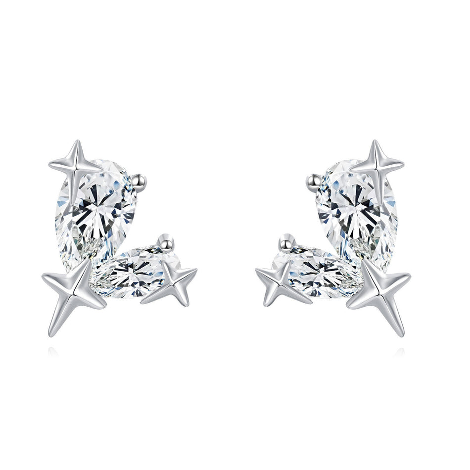 925 Sterling Silver Elegant Silver Star Stud Earrings With Clear Gemstone Accents