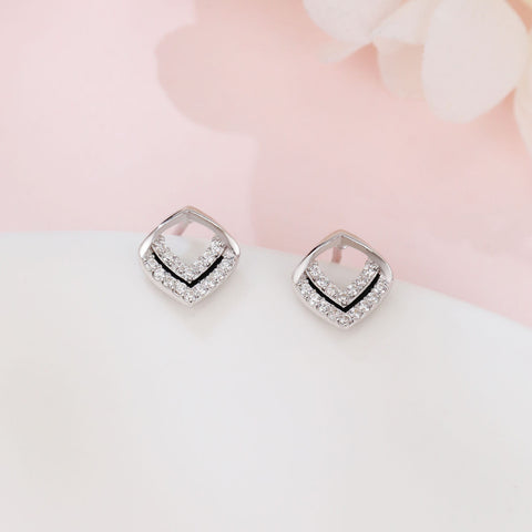 925 Sterling Silver Elegant Square Zircon Earrings With Black Enamel Accents In Sterling Silver
