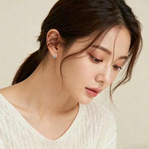 925 Sterling Silver Elegant Square Zircon Earrings With Black Enamel Accents In Sterling Silver