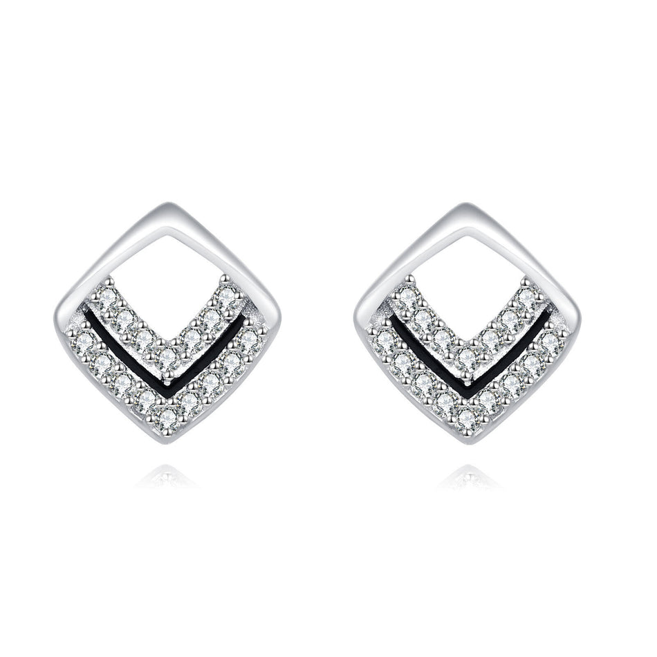 925 Sterling Silver Elegant Square Zircon Earrings With Black Enamel Accents In Sterling Silver
