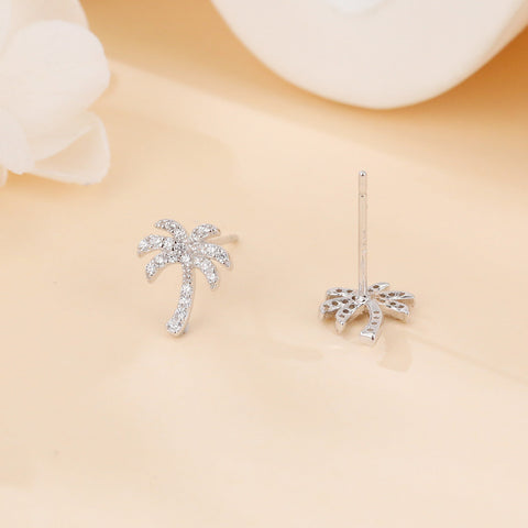 925 Sterling Silver Zircon Palm Tree Silver Stud Earrings ¨C Tropical Chic Jewelry
