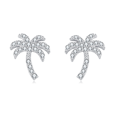 925 Sterling Silver Zircon Palm Tree Silver Stud Earrings ¨C Tropical Chic Jewelry