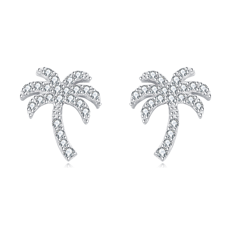 925 Sterling Silver Zircon Palm Tree Silver Stud Earrings ¨C Tropical Chic Jewelry