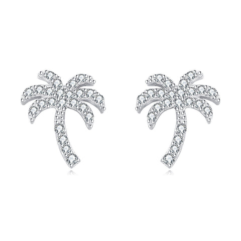 925 Sterling Silver Zircon Palm Tree Silver Stud Earrings ¨C Tropical Chic Jewelry