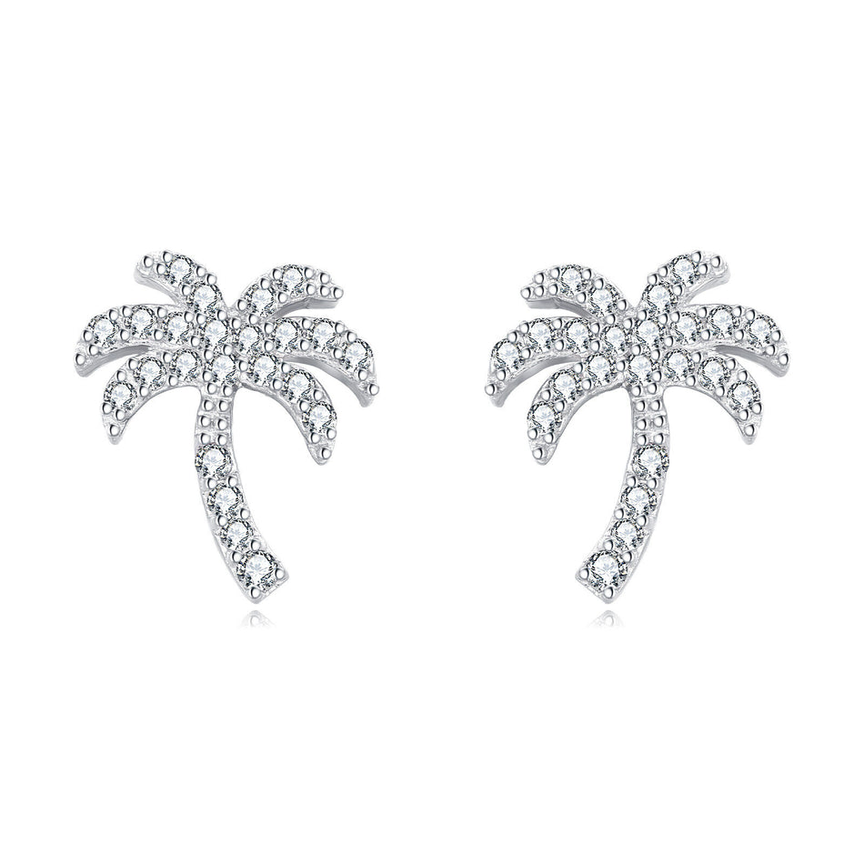 925 Sterling Silver Zircon Palm Tree Silver Stud Earrings ¨C Tropical Chic Jewelry