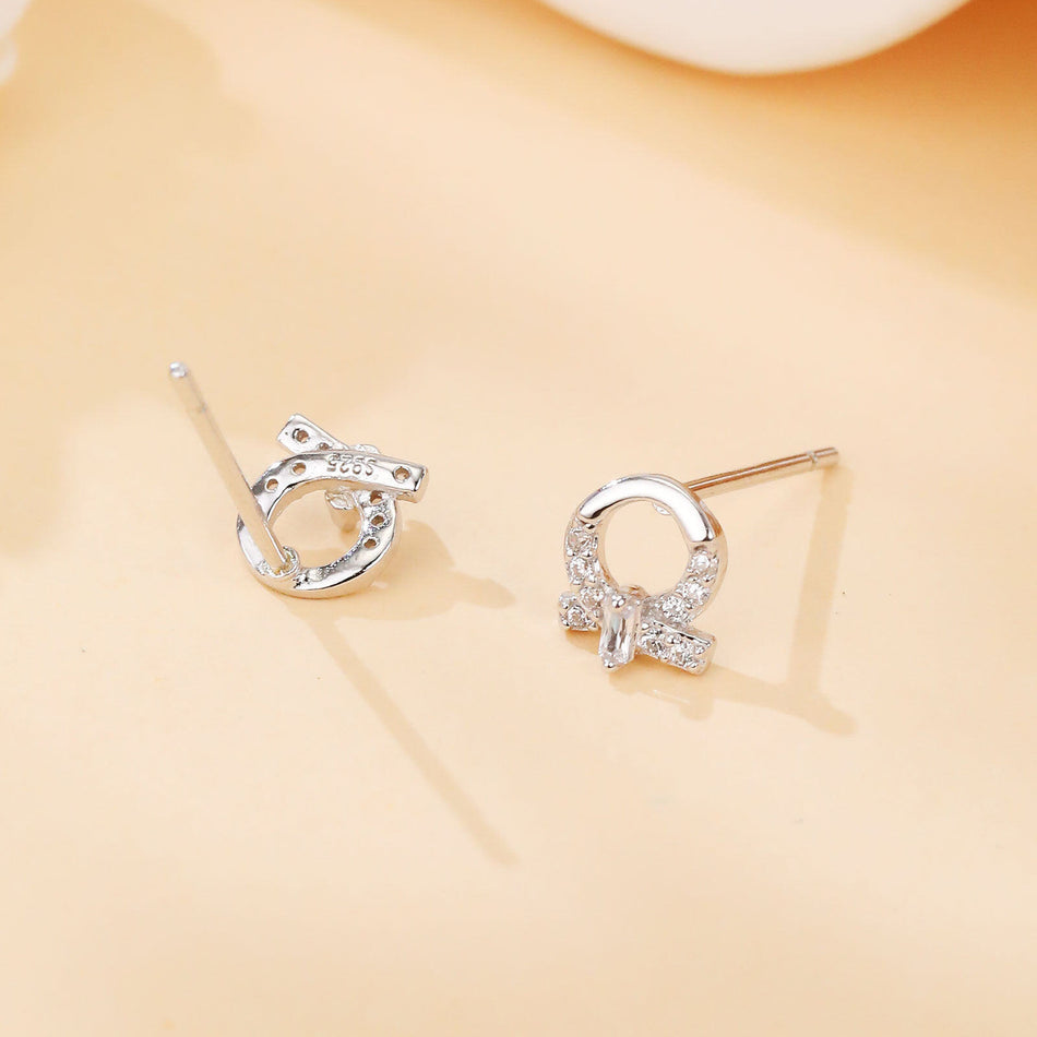 925 Sterling Silver Elegant Sterling Silver Bow-shaped Earrings With Zircon Accents