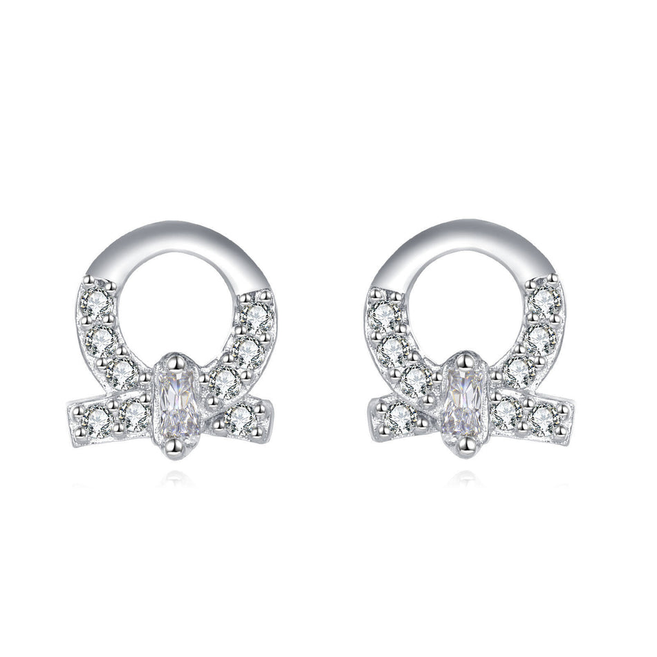 925 Sterling Silver Elegant Sterling Silver Bow-shaped Earrings With Zircon Accents