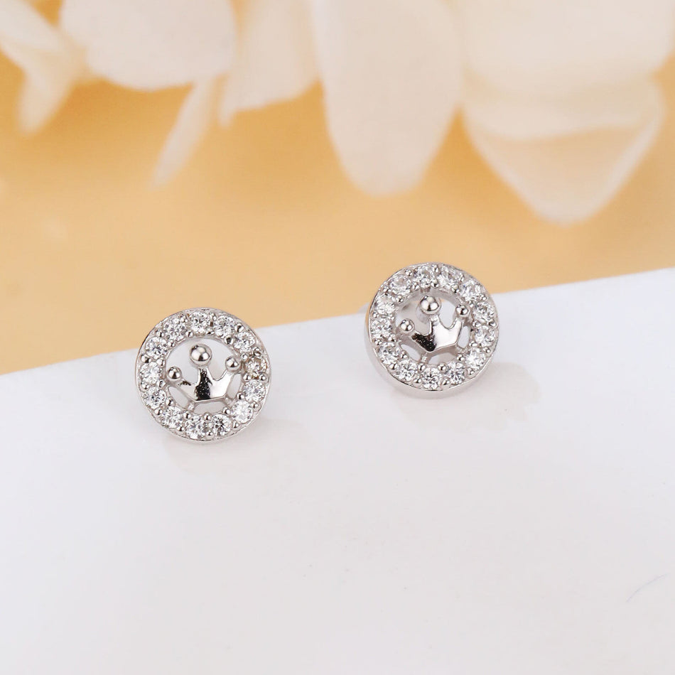 925 Sterling Silver Elegant Crown Motif Zircon Accent Stud Earrings In Sterling Silver