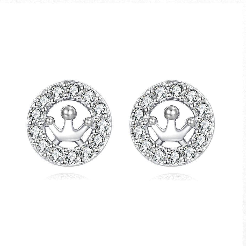 925 Sterling Silver Elegant Crown Motif Zircon Accent Stud Earrings In Sterling Silver