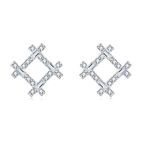 925 Sterling Silver Elegant Silver Geometric Zircon Stud Earrings With Floral Accent