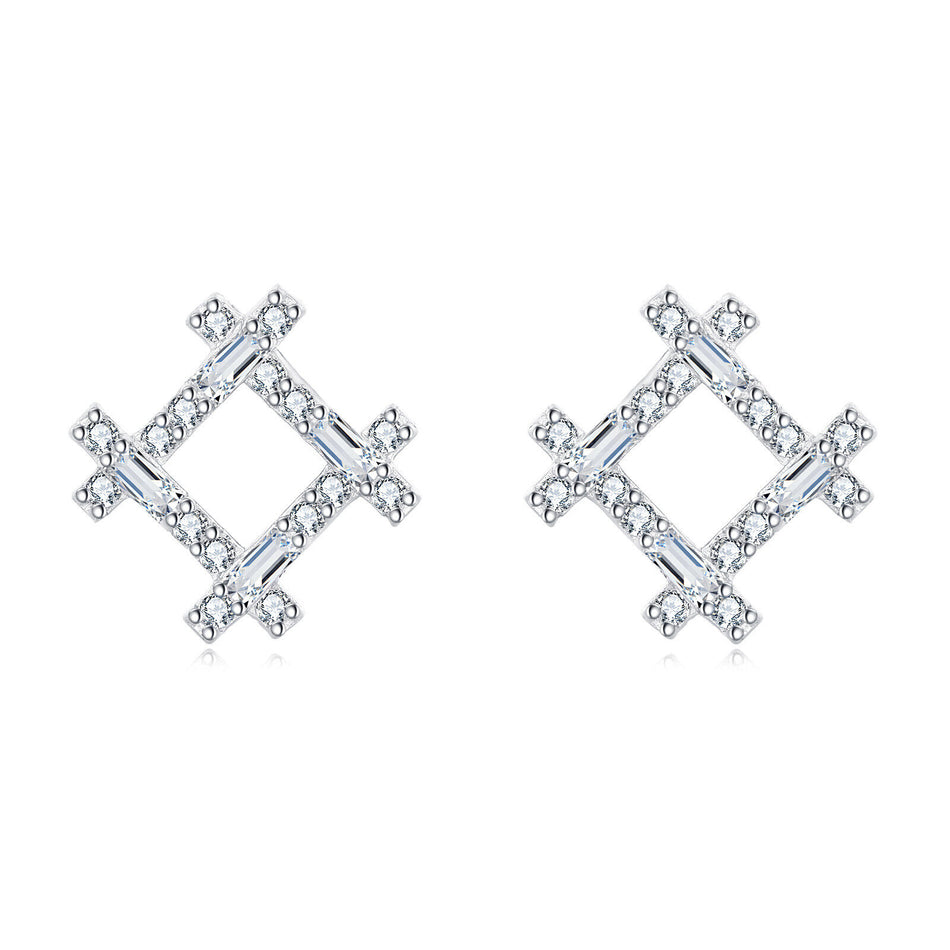 925 Sterling Silver Elegant Silver Geometric Zircon Stud Earrings With Floral Accent