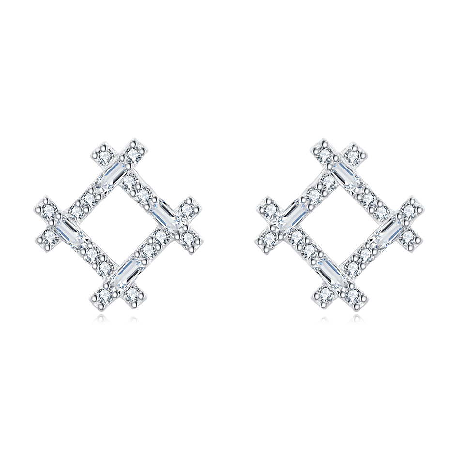 925 Sterling Silver Elegant Silver Geometric Zircon Stud Earrings With Floral Accent